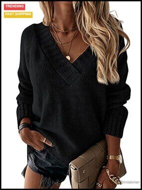 V Neck Long Sleeve Loose Knitted Sweater Pullover